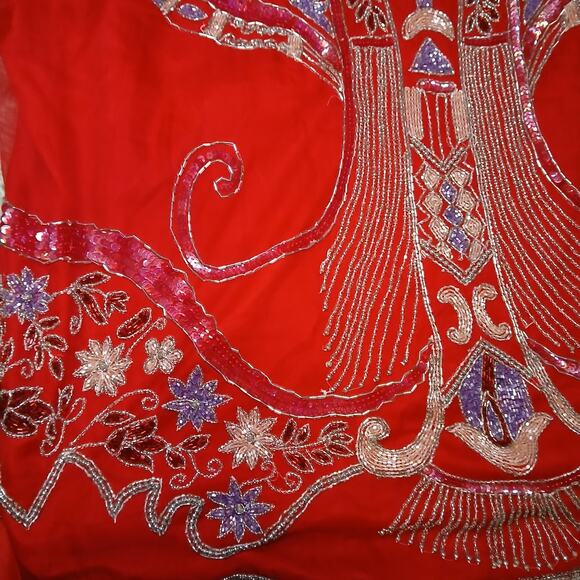 Ramana Red Beaded Sequin Silk Blend Tunic Top Size 18 Embroidered Floral Vintage - Picture 5 of 14